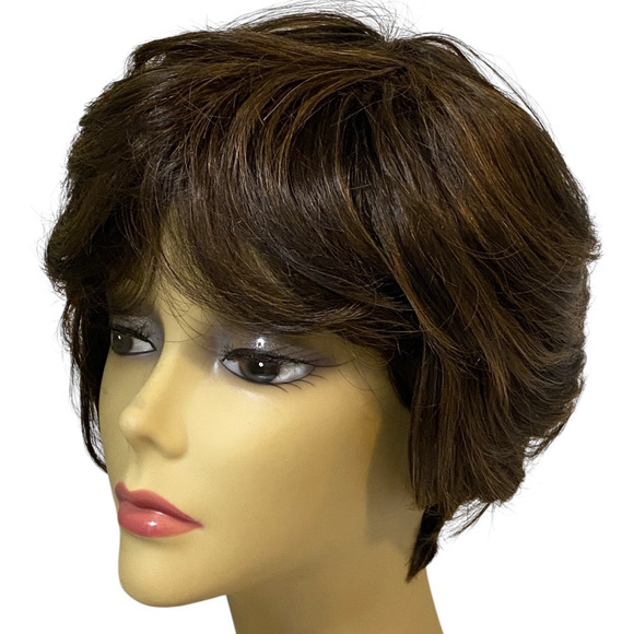 Human Hair Blend Wig Dk Brown Copper Frost Layered Pixie for Women A835W5 - Picture 4 of 9